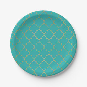 Teal & Gold Quatrefoil Pattern Party Paper Plates