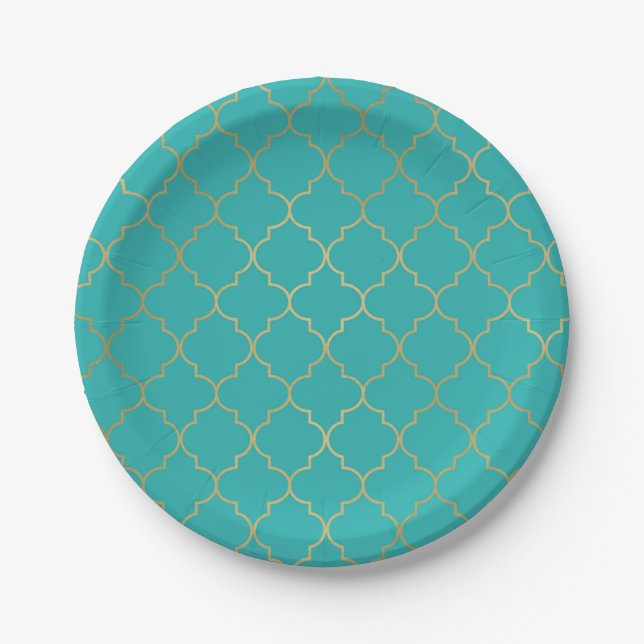 Teal & Gold Quatrefoil Pattern Party Paper Plates (Front)