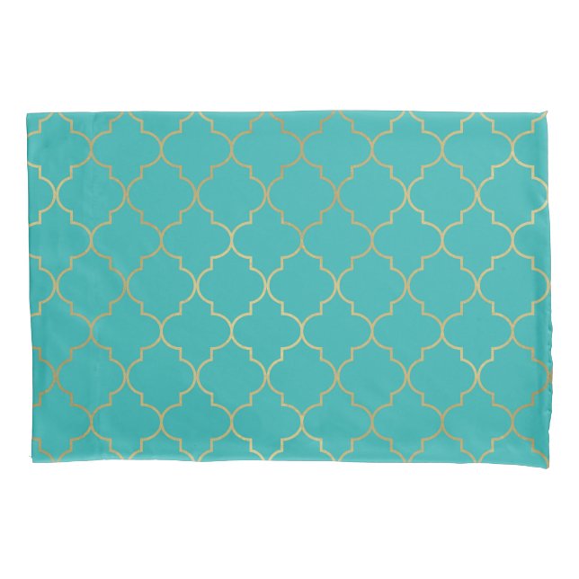Teal & Gold Quatrefoil Pattern Pillow Case (Front)