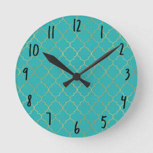 Teal & Gold Quatrefoil Pattern Round Clock