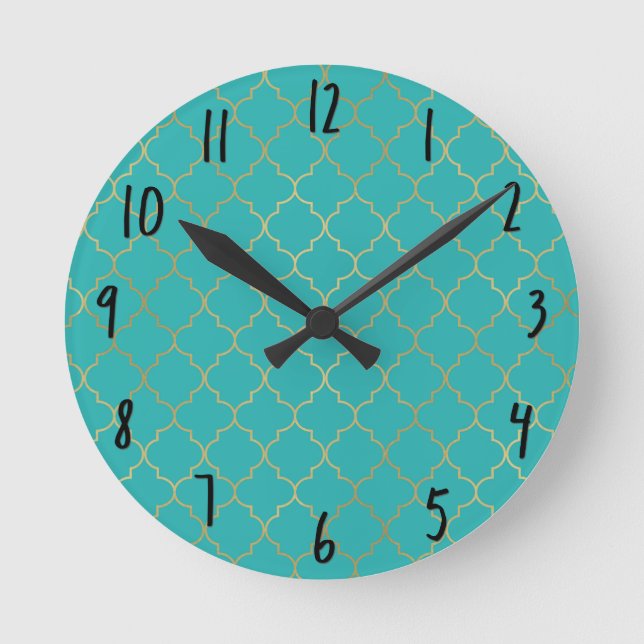 Teal & Gold Quatrefoil Pattern Round Clock (Front)