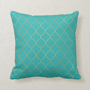 Teal & Gold Quatrefoil Pattern Throw Pillow