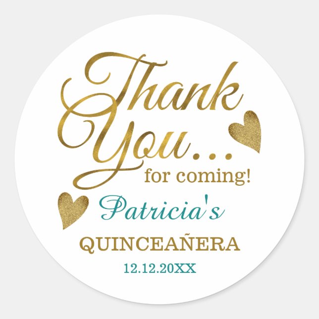 Teal Gold Quinceañera 15th Birthday Party Favors Classic Round Sticker (Front)