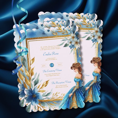 Teal Gold Quinceanera Dress Ceremony Reception     Invitation