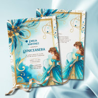 Teal Gold Quinceañera Dress  Invitation