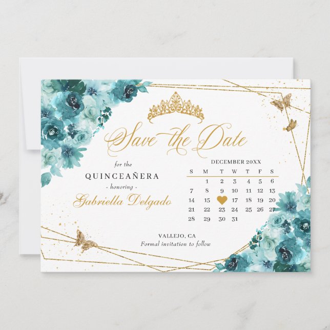 Teal & Gold Quinceañera Save The Date Invitation (Front)