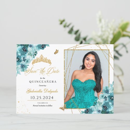 Teal  Gold Quinceaera Save The Date Photo Invitation