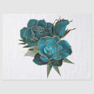 Teal Gold Rose Bouquet Floral Watercolor Decoupage Tissue Paper