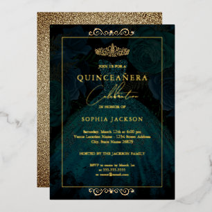 Teal Gold Rose Dress Quinceanera Foil Invitation