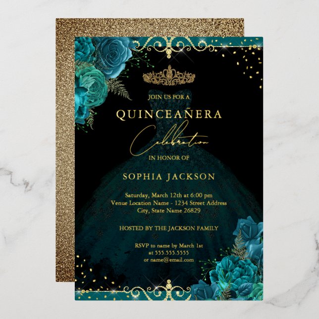 Teal Gold Rose Elegant Quinceanera Foil Invitation (Front/Back)