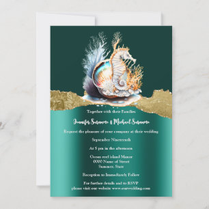 Teal gold seahorse shimmer iridescent nautical invitation