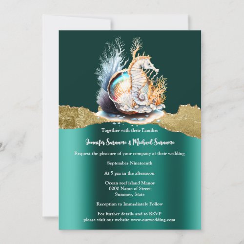 Teal gold seahorse shimmer iridescent nautical  invitation