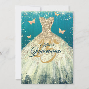 Teal Gold Sparkle Butterfly Dress Quinceanera Invitation