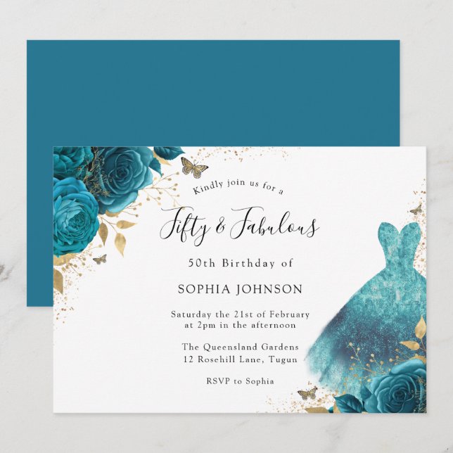 Teal & Gold Sparkle Dress Rose 50th Birthday Party Invitation (Front/Back)