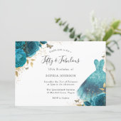 Teal & Gold Sparkle Dress Rose 50th Birthday Party Invitation (Standing Front)