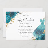 Teal & Gold Sparkle Dress Rose 50th Birthday Party Invitation (Front)