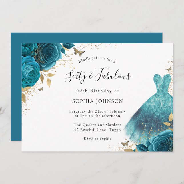 Teal & Gold Sparkle Dress Rose 60th Birthday Party Invitation (Front/Back)