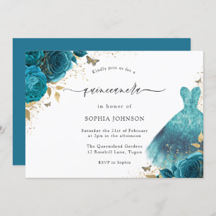 Teal & Gold Sparkle Dress Rose Quinceanera Party Invitation