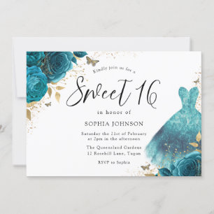 Teal & Gold Sparkle Dress Rose Sweet 16 Birthday Invitation