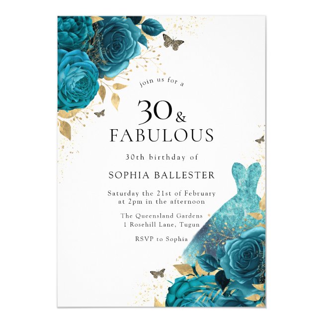 Teal Gold Sparkle Dress Roses 30th Birthday Party Invitation