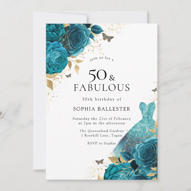 Teal Gold Sparkle Dress Roses 50th Birthday Party Invitation (Front)