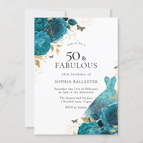 Teal Gold Sparkle Dress Roses 50th Birthday Party Invitation