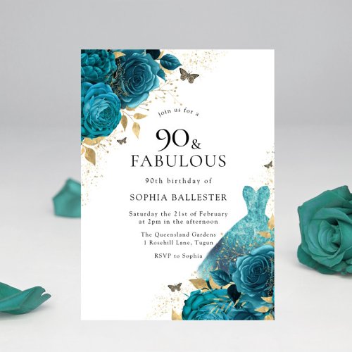 Teal Gold Sparkle Dress Roses 90th Birthday Party Invitation