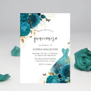Teal & Gold Sparkle Dress Roses Quinceanera Party Invitation
