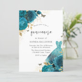 Teal & Gold Sparkle Dress Roses Quinceanera Party Invitation (Standing Front)