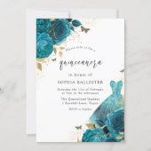 Teal & Gold Sparkle Dress Roses Quinceanera Party Invitation (Front)