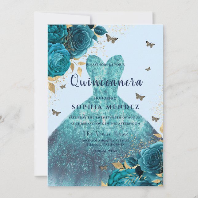 Teal Gold Sparkle Dress Roses Quinceanera Party  Invitation (Front)