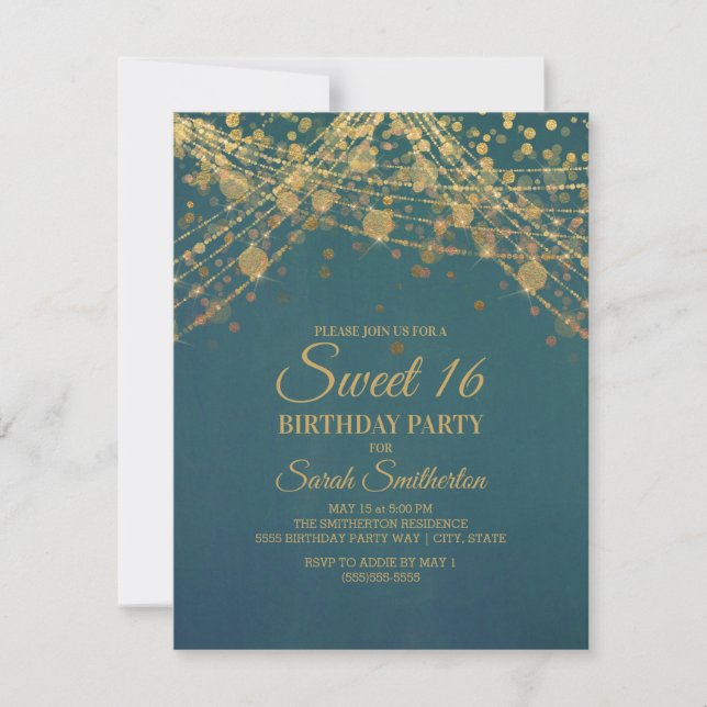 Teal Gold Sparkle Glitter String Lights Sweet 16 Invitation (Front)