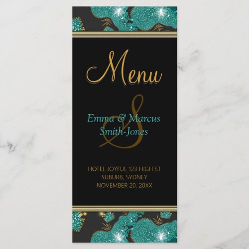 Teal Gold Sparkly Coral Beach Night Wedding Menu