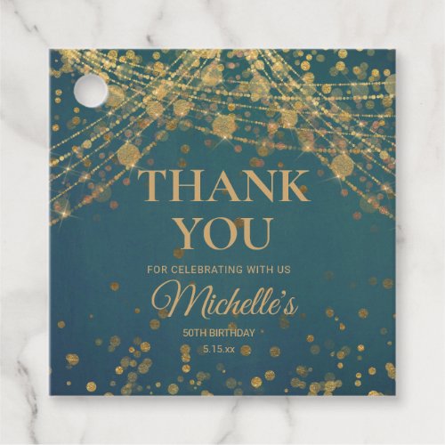 Teal Gold String Lights Adult Birthday Thank You  Favor Tags
