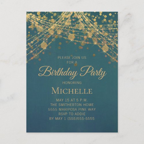 Teal Gold String Lights Any Age Womens Birthday I Postcard