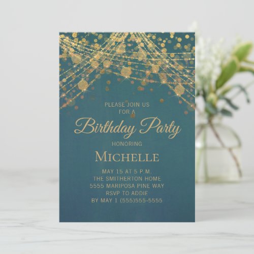 Teal Gold String Lights Any Age Womens Birthday Invitation