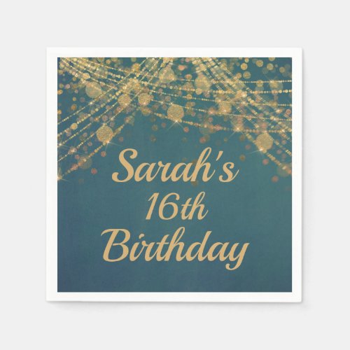 Teal Gold String Lights Bokeh 16th Birthday Napkins