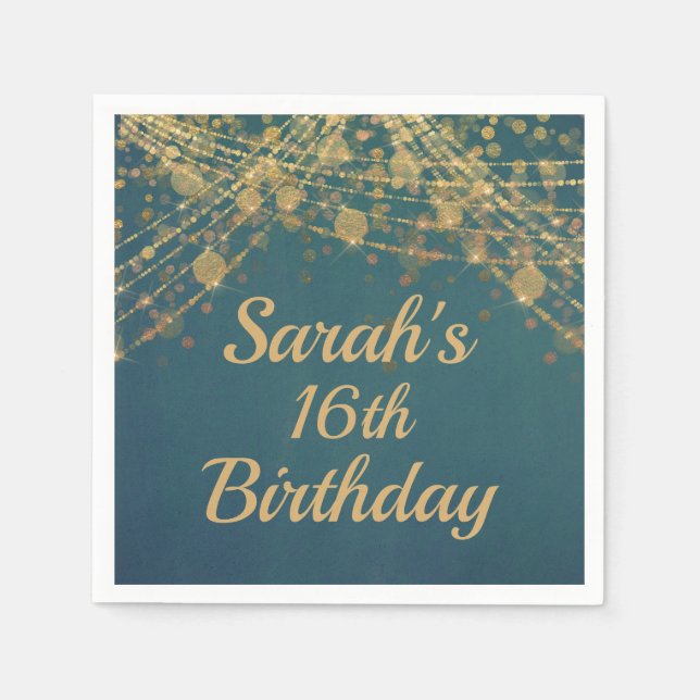 Teal Gold String Lights Bokeh 16th Birthday Napkins (Front)