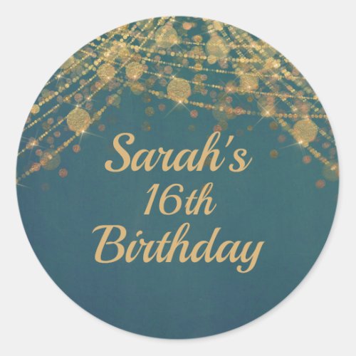 Teal Gold String Lights Bokeh Girls16th Birthday Classic Round Sticker