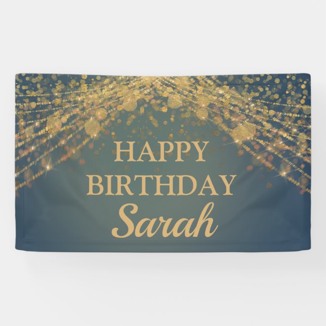 Teal Gold String Lights Bokeh Happy Birthday Name Banner (Horizontal)