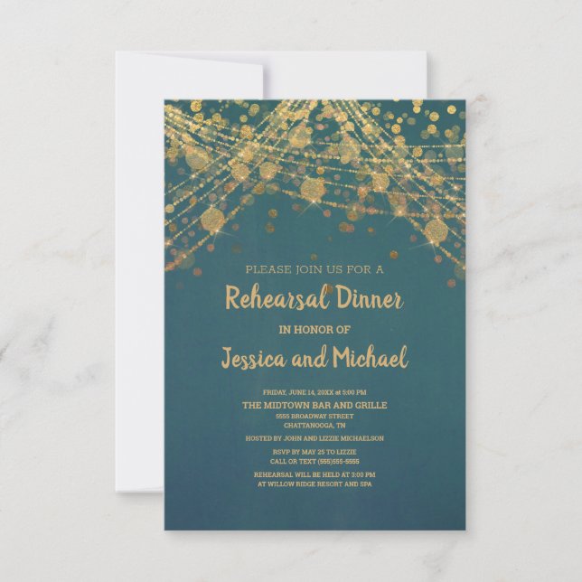 Teal Gold String Lights Bokeh Rehearsal Invitation (Front)