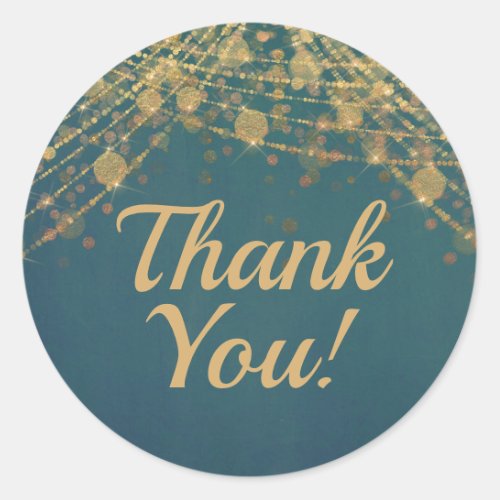 Teal Gold String Lights Bokeh Thank You Classic Round Sticker