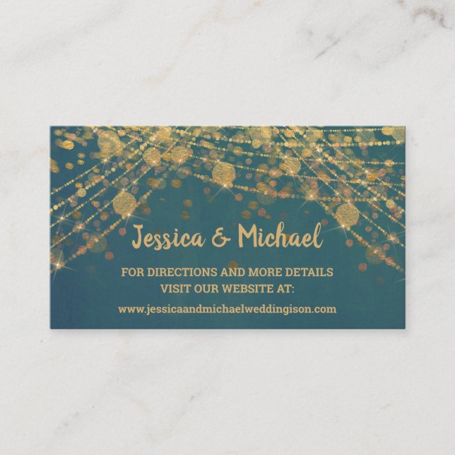 Teal Gold String Lights Bokeh Wedding Website Business Card (Front)