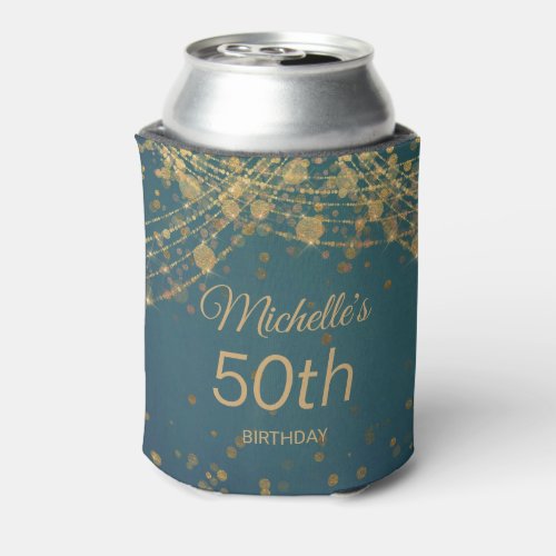 Teal Gold String Lights Glitter 50th Birthday  Can Cooler