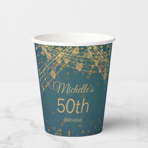 Teal Gold String Lights Glitter 50th Birthday  Paper Cups