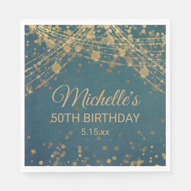 Teal Gold String Lights Glitter Adult Birthday  Napkins (Front)