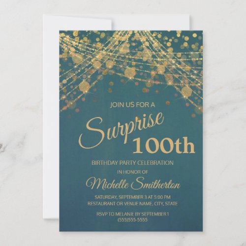 Teal Gold String Lights Surprise 100th Birthday Invitation