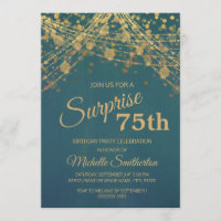 Teal Gold String Lights Surprise 75th Birthday Invitation