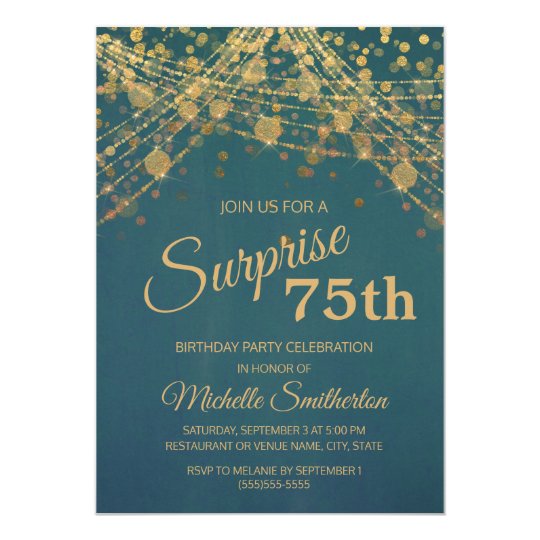 Teal Gold String Lights Surprise 75th Birthday Invitation | Zazzle.com