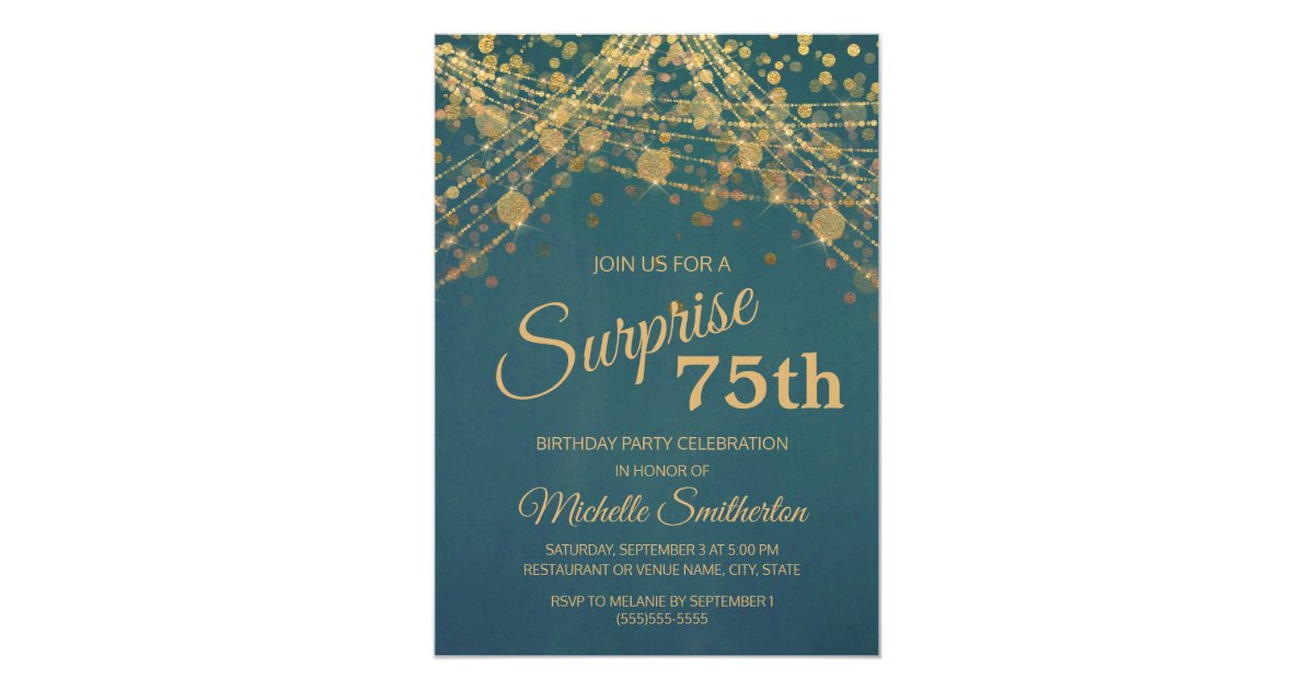Teal Gold String Lights Surprise 75th Birthday Invitation | Zazzle.com